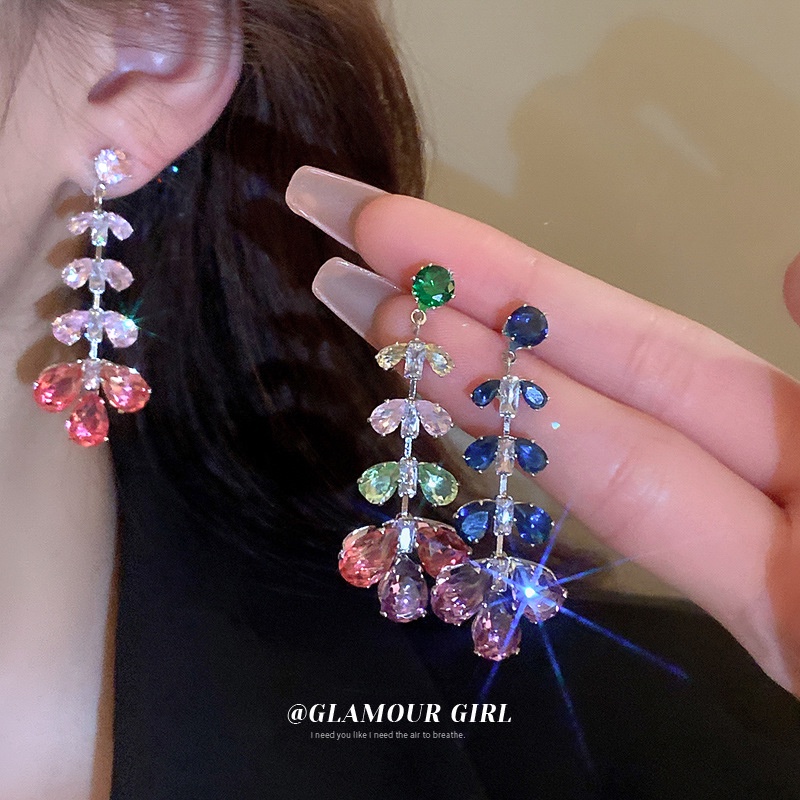 1 Đôi Bông Tai Bạc 5.2x1.7cm Hình Hoa Lá Đính Đá Zircon Sang Trọng