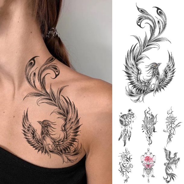 Hình Xăm Dán Tạm Thời Chống Nước Hình Rồng Phượng Đen Phong Cách Trung Hoa