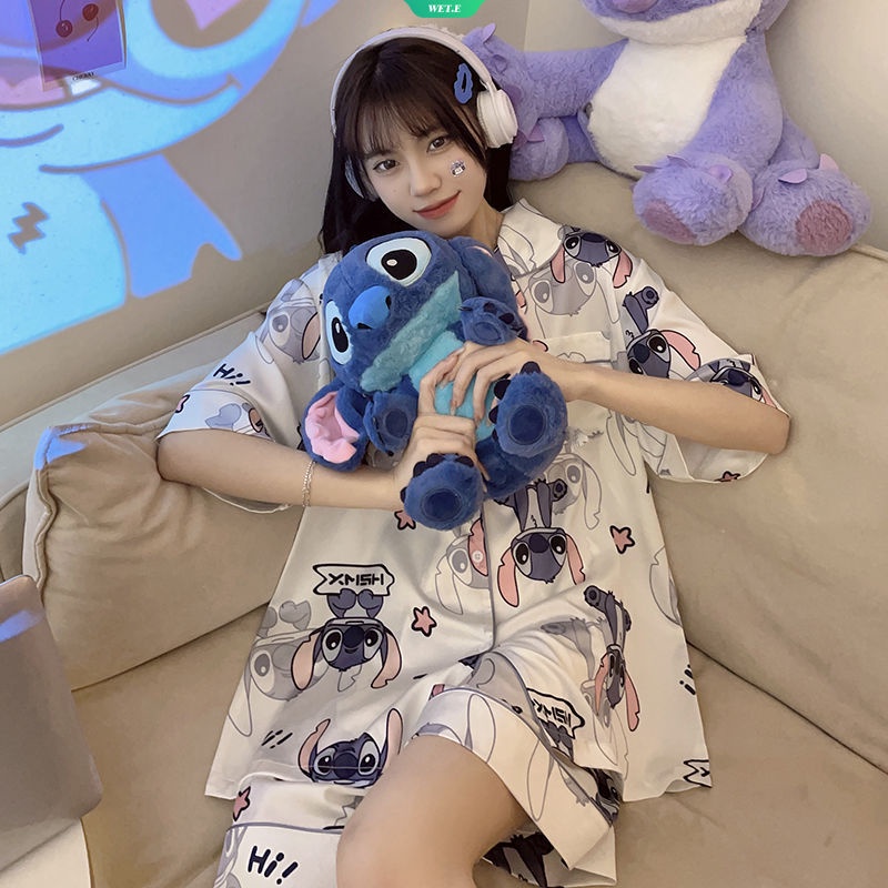 Bộ Đồ Ngủ Ngắn Tay Họa Tiết Stitch Hoạt Hình Đơn Giản Thoải Mái Cho Nữ