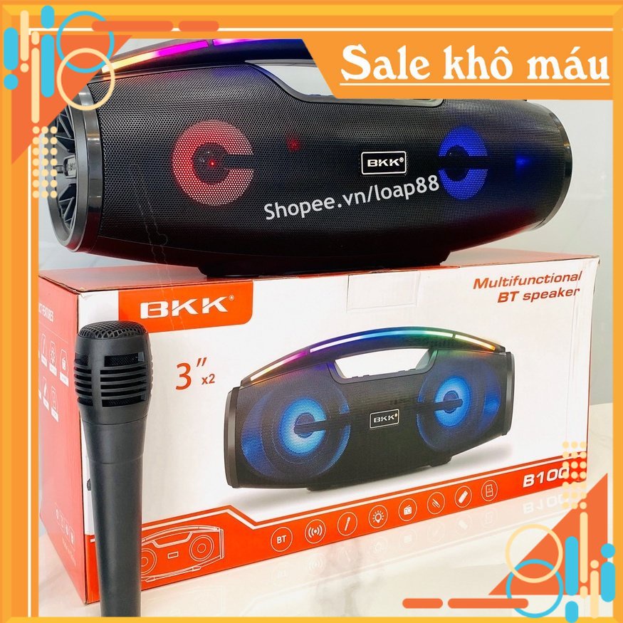 Loa Bluetooth Karaoke BKK B100 Kèm Mic Âm Thanh Cực Đỉnh Đèn Led Thegày giam mạnh 20k