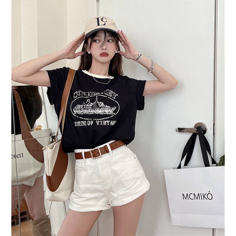 Áo Thun Nữ Ngắn Tay Cổ Tròn In Chữ Đơn Giản