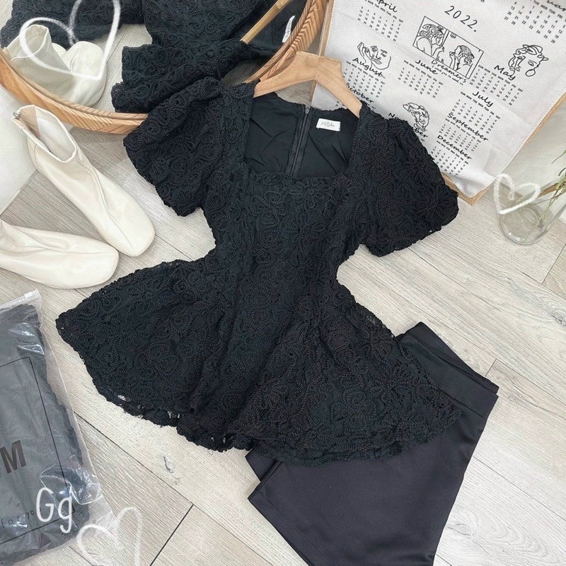 Sét bộ đồ nữ áo cổ vuông tay phồng phối ren  có mút ngực kèm quần short tapta tôn dáng dễ thương cực xinhGg alohas