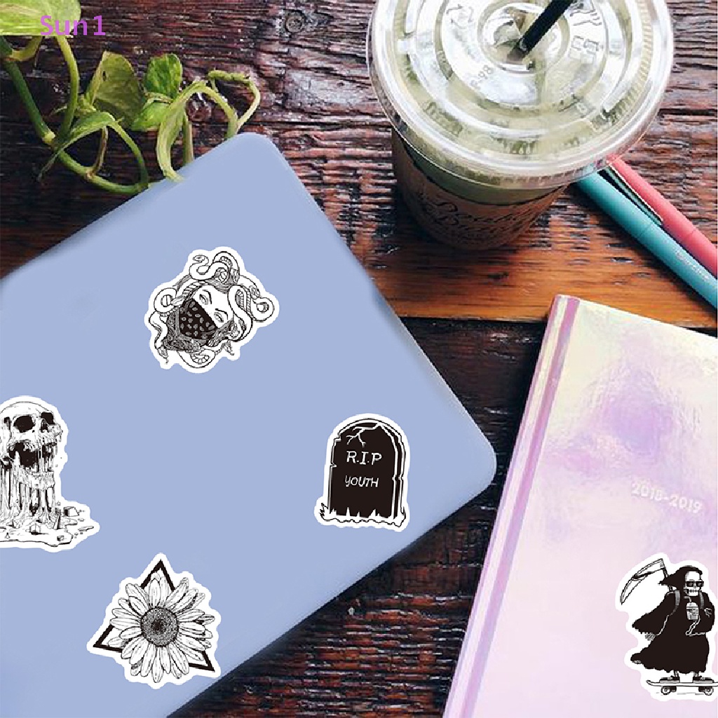 Set 50 Miếng Dán Hình Kinh Dị Màu Trắng Đen Chống Nước Trang Trí Laptop