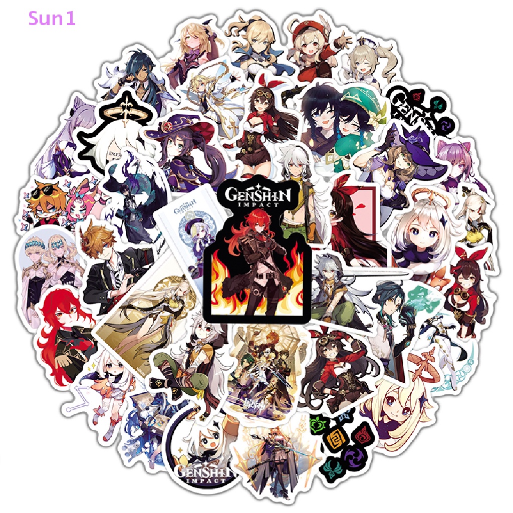 Set 50 Sticker Dán Trang Trí Laptop / Ván Trượt / Guitar / Va Li Hình Anime Genshin Va Chạm Sun1 >