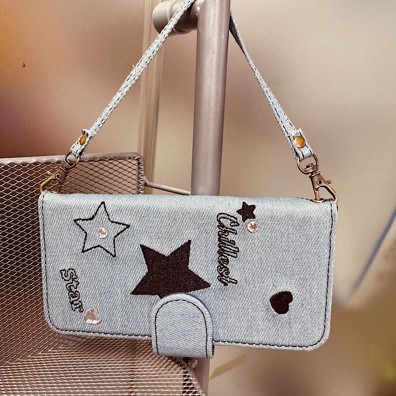 Ốp Điện Thoại Nắp Gập Bằng Denim Thêu Hình Cô Gái Ngọt Ngào Có Ngăn Đựng Thẻ Cho Iphone 12Promax 14 / 11 / 13