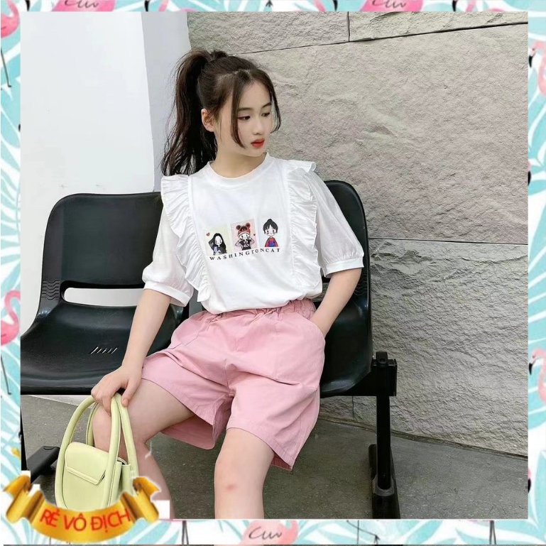 Bộ cộc tay cho bé size đại, Bộ hè trẻ em nữ 7-16 tuổi in hình 3 em bé cao cấp kiểu dáng thời trang