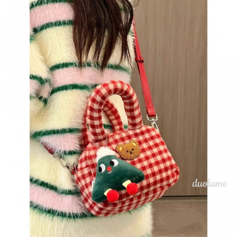 Túi Xách Đeo Vai Kiểu Vuông Nhỏ Sọc Ca Rô Phối Lông Thời Trang Nữ Đáng Yêu