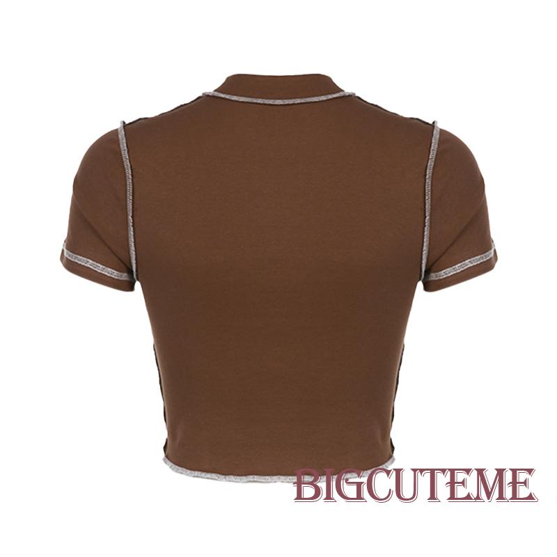 [] Áo Thun Crop Top Nữ Cổ Tròn Tay Ngắn In Chữ Stitch Màu Nâu Tương Phản