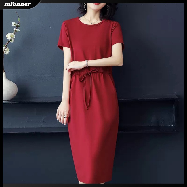 Đầm Midi Tay Ngắn Cổ Tròn Màu Trơn Phối Túi Thiết Kế Thanh Lịch Thời Trang Mùa Hè Cho Nữ