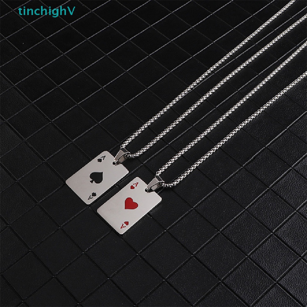 Vòng cổ Thép Titan Dài Mặt Hình Lá Bài Poker Lucky Ace of Spades Màu Đỏ Đen Bạc Cho Nam [Mới]