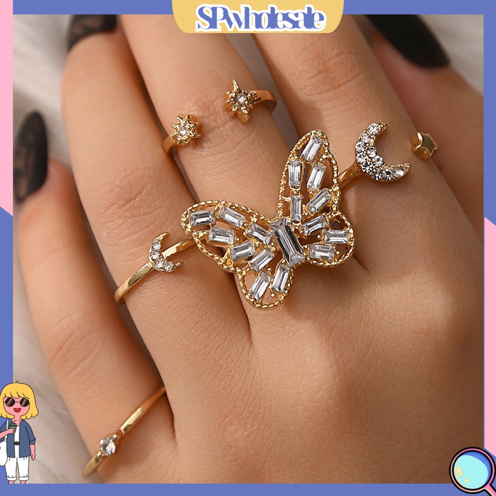 <SPwholesale> Set 5 Nhẫn Đeo Khớp Ngón Tay Họa Tiết Bướm / Mặt Trăng / Ngôi Sao Đính Đá Thời Trang