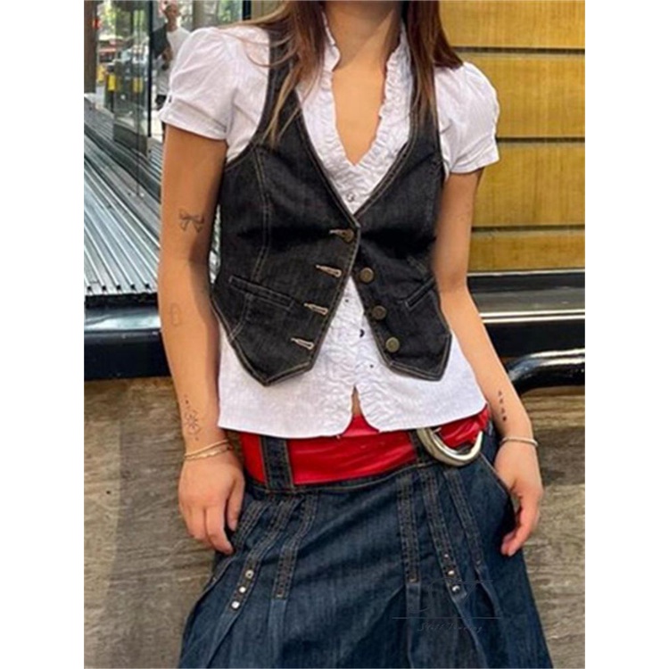 Áo Denim Sát Nách Cổ V Xẻ Sâu Thời Trang Cho Nữ