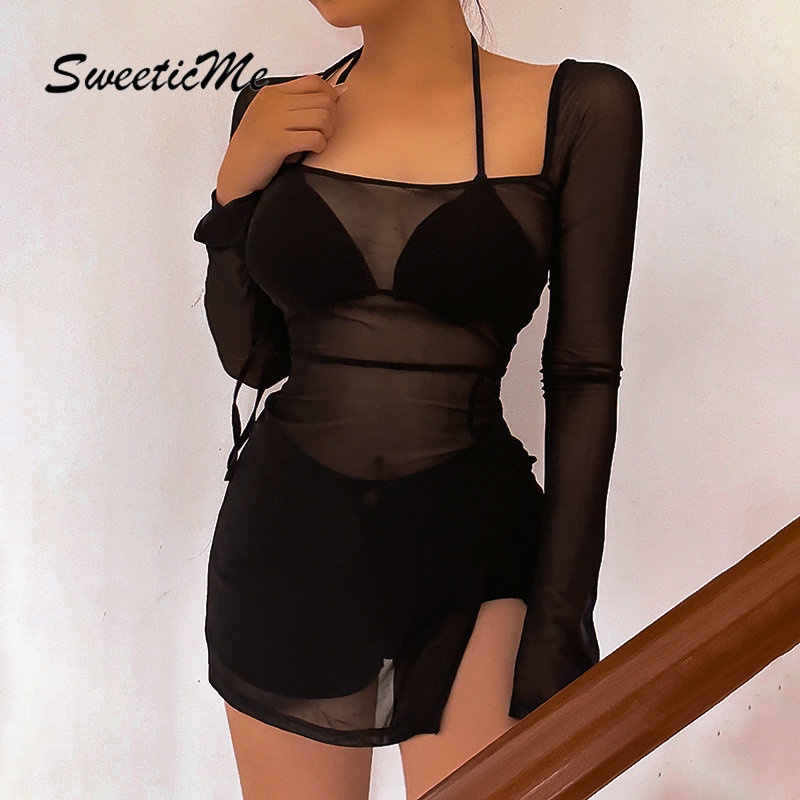 Đầm Mini Tay Dài Lưng Cao Màu Trơn Thời Trang 2023 Quyến Rũ Cho Nữ