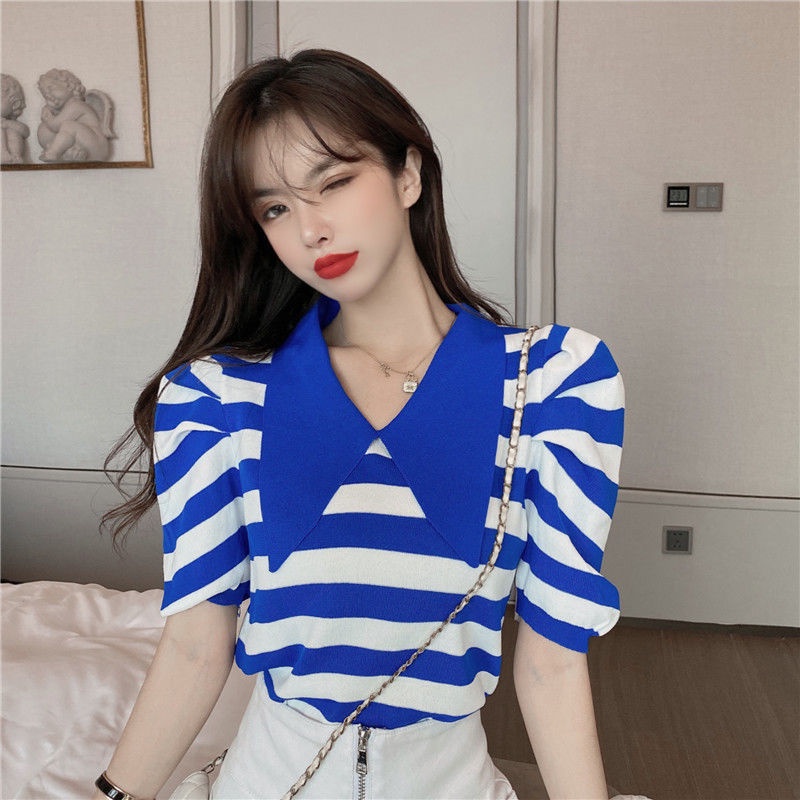 Áo Kiểu Tay Phồng Họa Tiết Kẻ Sọc Phong Cách Retro