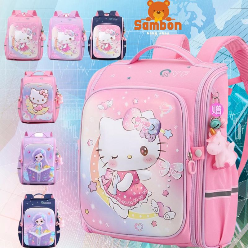 Balo chống gù, cặp sách trẻ em cho bé gái đi học tiểu học lớp 1 2 3 họa tiết 3D Kitty Công chúa Elsa SamBon Kids