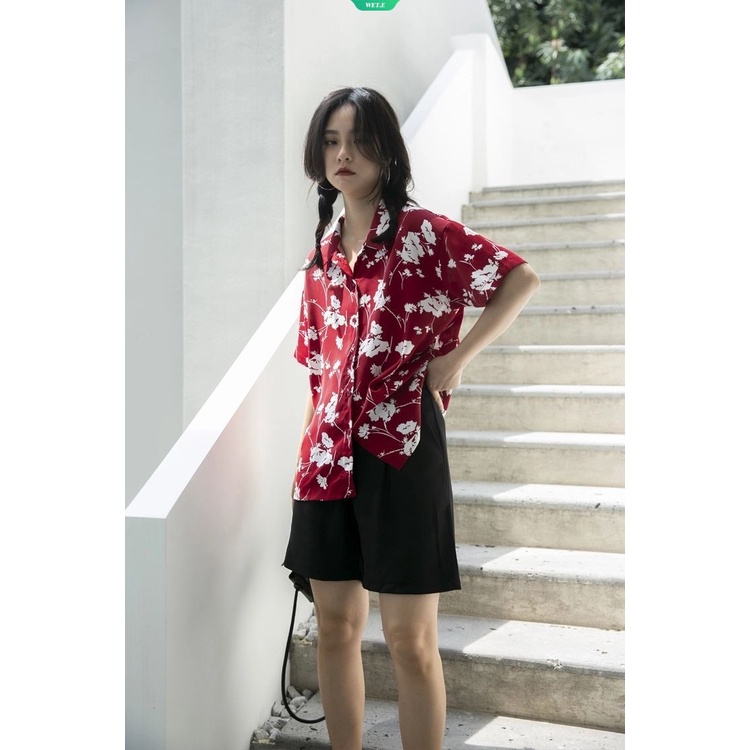 Áo Sơ Mi Chiffon Tay Ngắn Màu Đỏ In Họa Tiết Vintage Thời Trang Mùa Hè 2023 Cho Nữ