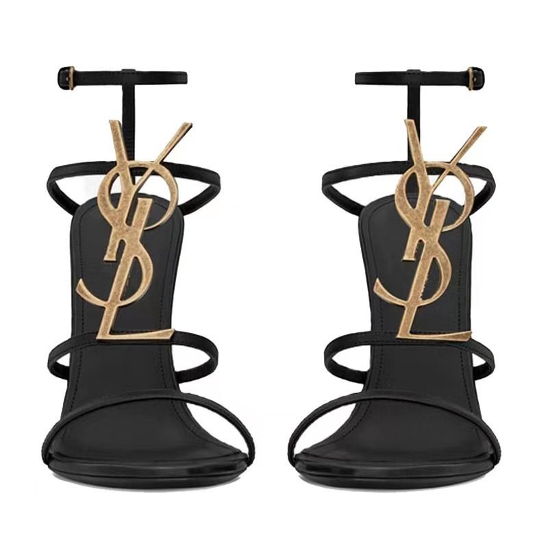 High-heeled shoes women's 2023-letter buckle sexy thin heel leather open toe black all-match sandals women's shoes FPFO