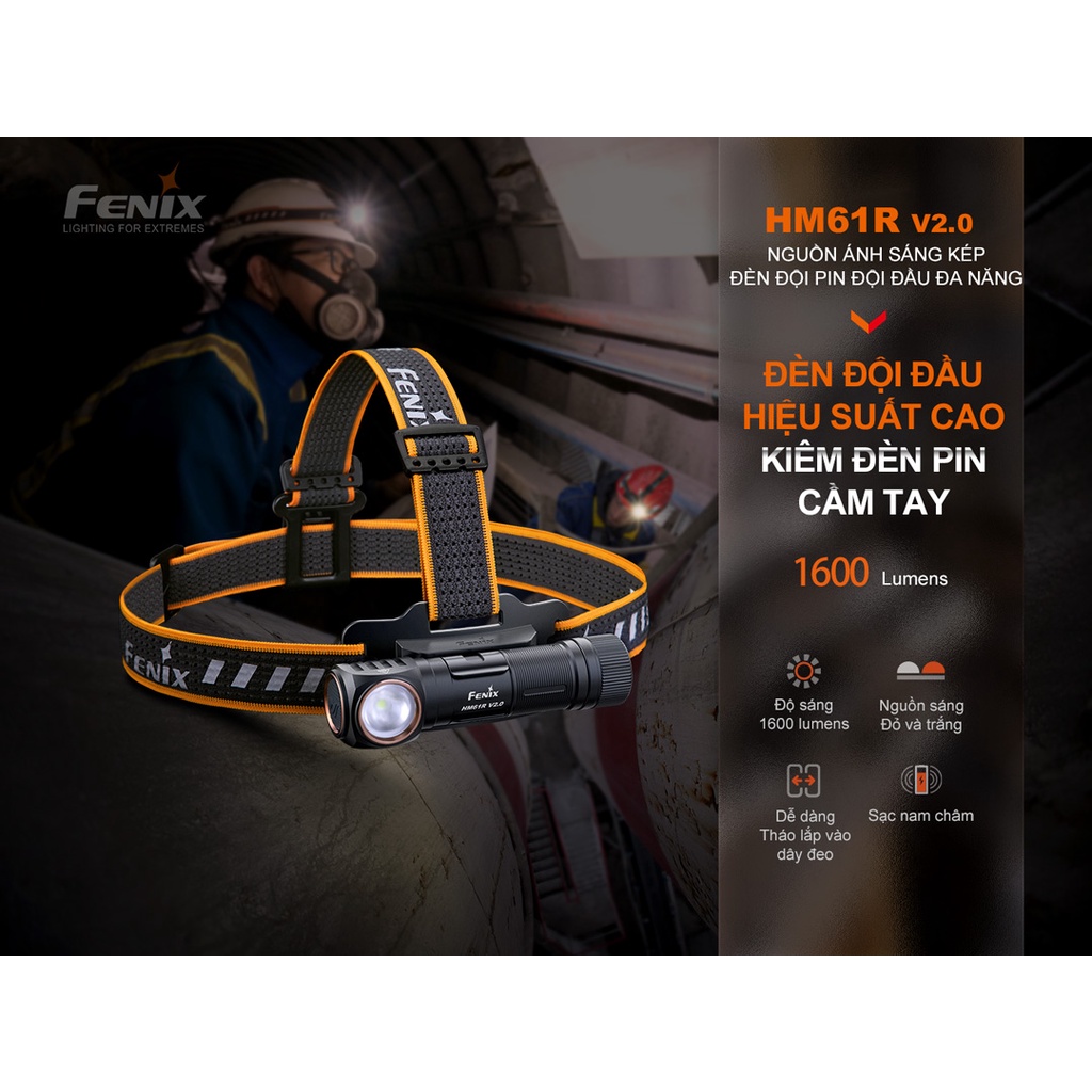 Đèn pin đội đầu FENIX HM61R V2.0 độ sáng 1600 lumen tầm chiếu xa 162m pin 18650 sạc nam châm