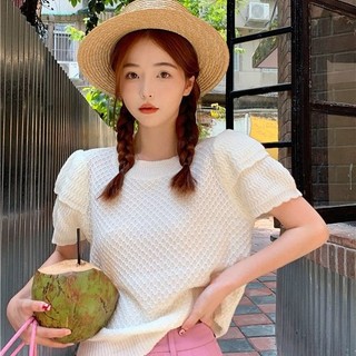 Áo Thun Tay Ngắn Phồng Cổ Tròn Bằng Lụa Mát Phong Cách Mới Dành Cho Nữ