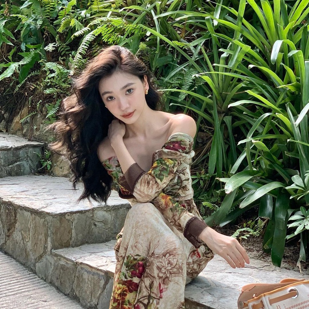 Weird Puss Đầm Midi Tay Dài Trễ Vai Ôm Dáng In Họa Tiết Hoa Thanh Lịch Cổ Điển Quyến Rũ Cho Nữ