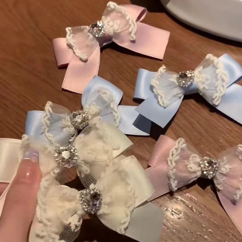 Kẹp Tóc Nơ Satin Màu Kem Đính Đá Thời Trang