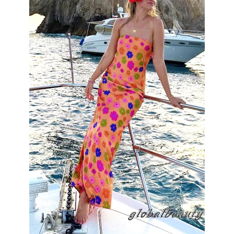 Đầm Dài Không Tay Hở Vai Họa Tiết Hoa Thời Trang Mùa Hè Cho Nữ