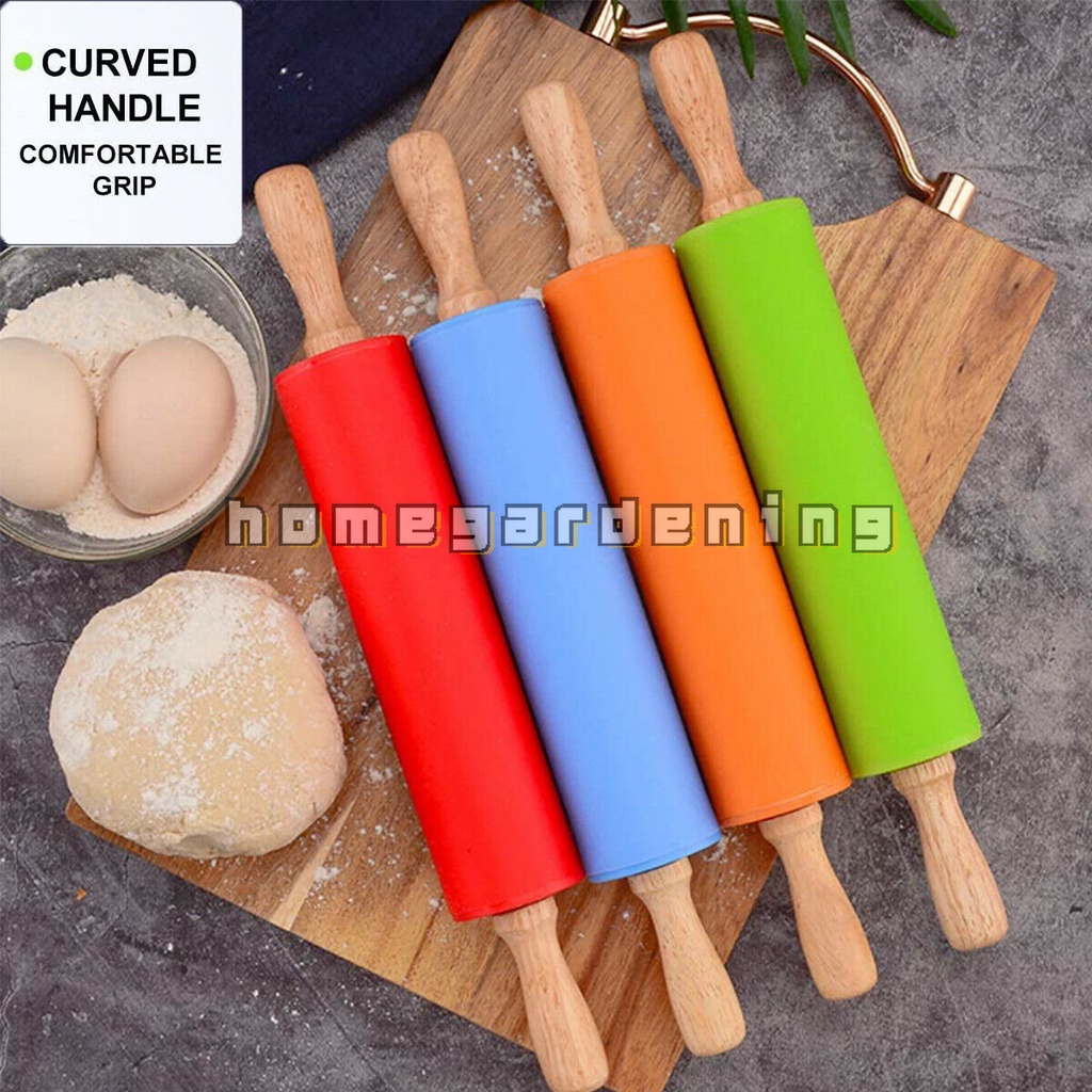 Cây Lăn Bột Làm Bánh Bằng Silicone Cán Gỗ Chống Dính Cho Trẻ Em