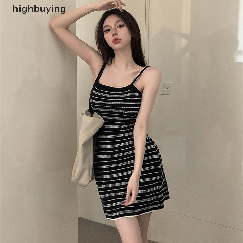 Đầm Mini Dệt Kim Mỏng Hở Lưng Họa Tiết Kẻ Sọc Thời Trang Mùa Hè 2023 Cho Nữ