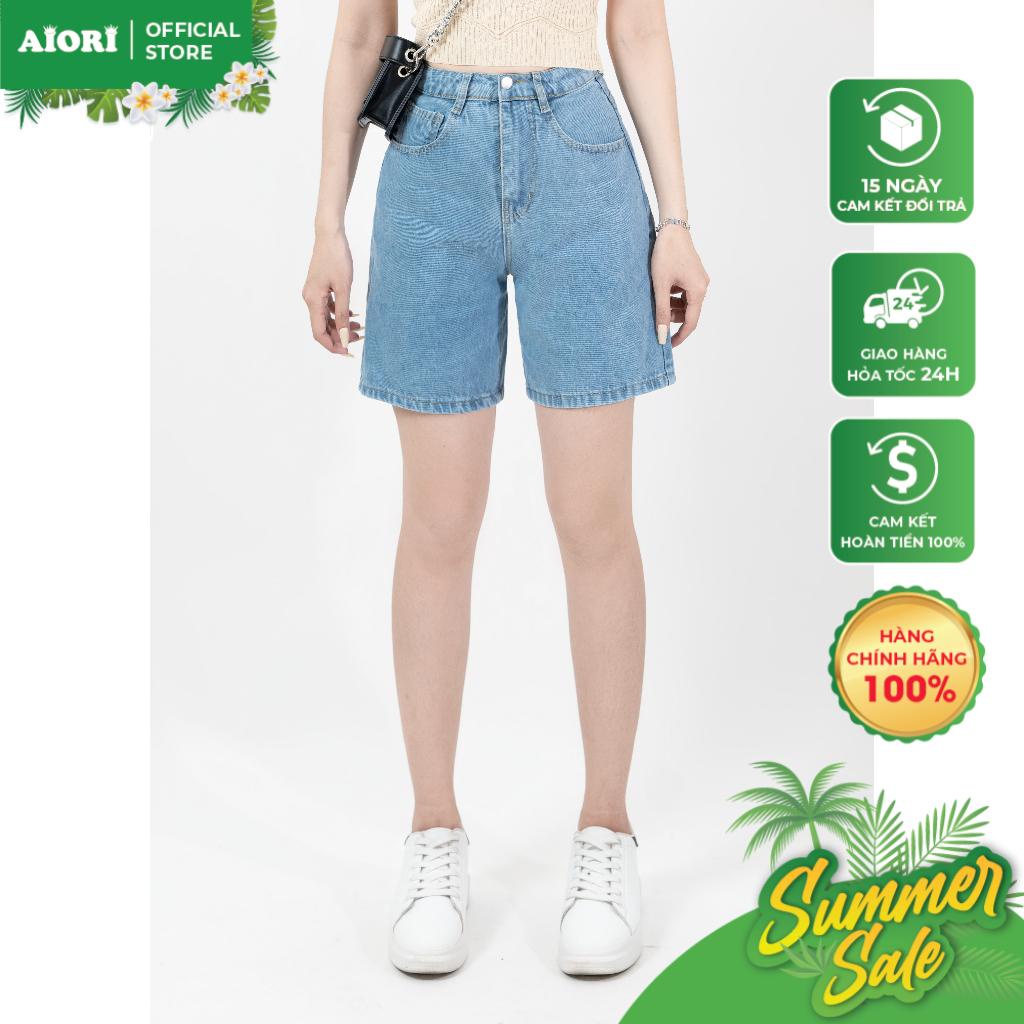 Quần Jean Nữ AIORI Short Ngố Lửng Ống Rộng Màu Xanh Nhạt Dáng Chữ A Lưng Cao D001_XN