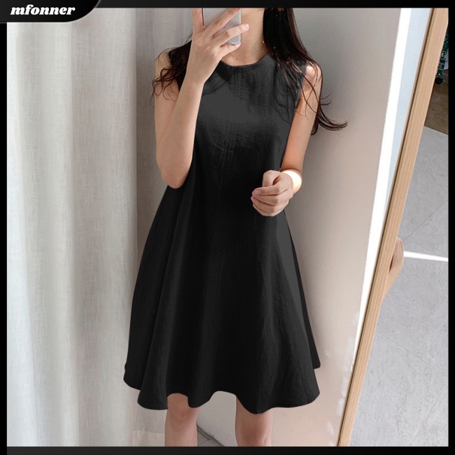 Đầm Chữ A Vải Lanh Cotton Sát Nách Cổ Tròn Màu Sắc Đơn Giản Cho Nữ