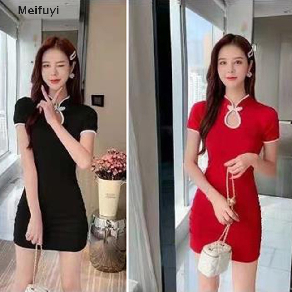 Đầm Sườn Xám Mini Dáng Chữ A Cổ Đứng Tay Ngắn Thời Trang Mùa Hè Cho Bạn Gái