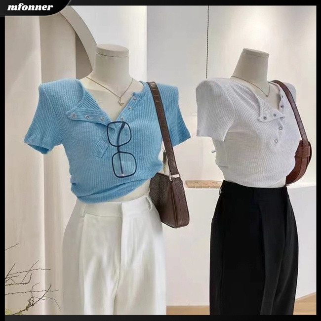 Áo Thun Croptop Tay Ngắn Cổ Chữ V Màu Sắc Đơn Giản Cho Nữ