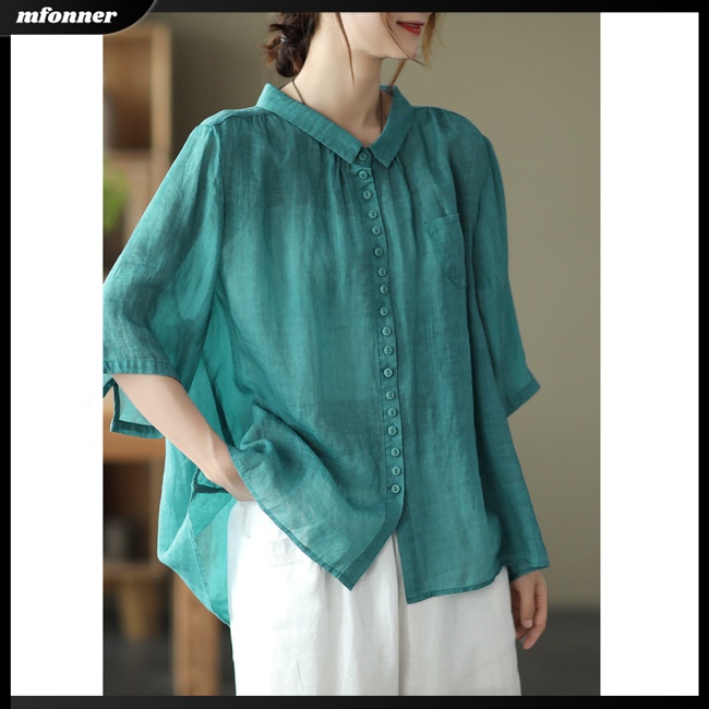 Áo Sơ Mi Cotton Lanh Tay Ngắn Màu Sắc Trơn Phong Cách Retro Dành Cho Nữ