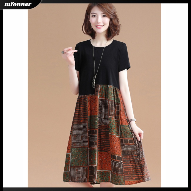 Đầm Midi Tay Ngắn Cổ Tròn Dáng Rộng Họa Tiết Kẻ Sọc Thời Trang Mùa Hè Xinh Xắn Cho Nữ