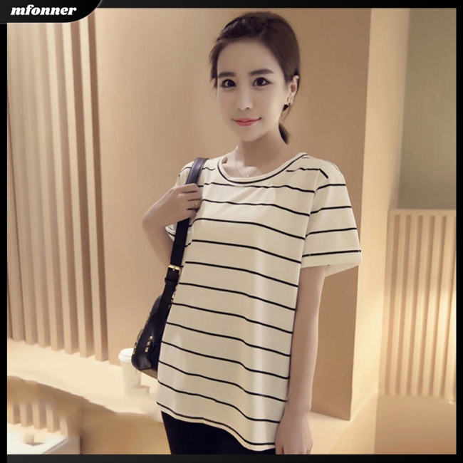 Áo Thun Tay Ngắn Dáng Rộng Họa Tiết Kẻ Sọc Thời Trang Cho Nữ