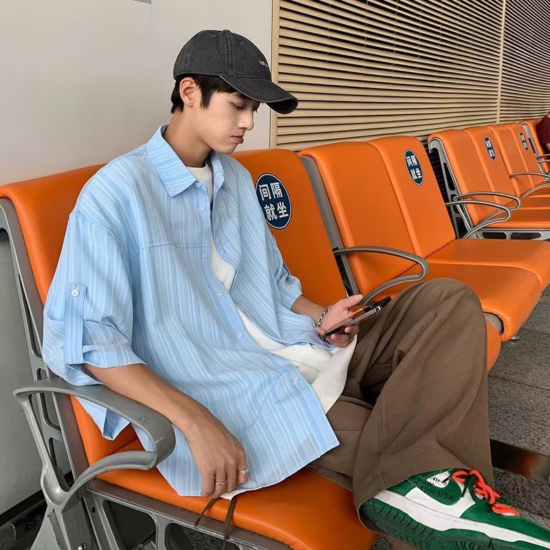 Set Áo Sơ Mi Tay Ngắn Kẻ Sọc Phối Quần Short Thời Trang Hàn Quốc Cá Tính Cho Nam