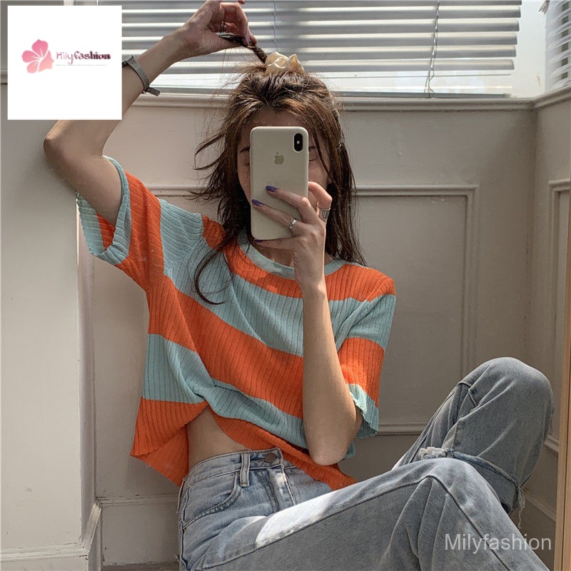 Áo Dệt Kim Ngắn Tay Họa Tiết Kẻ Sọc Màu Tương Phản Thời Trang Cho Nữ