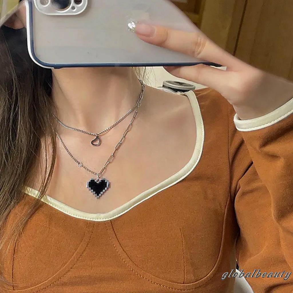 Dây Chuyền Hai Lớp Mặt Trái Tim Màu Đen Phong Cách Hip Hop Thời Trang Cho Nữ