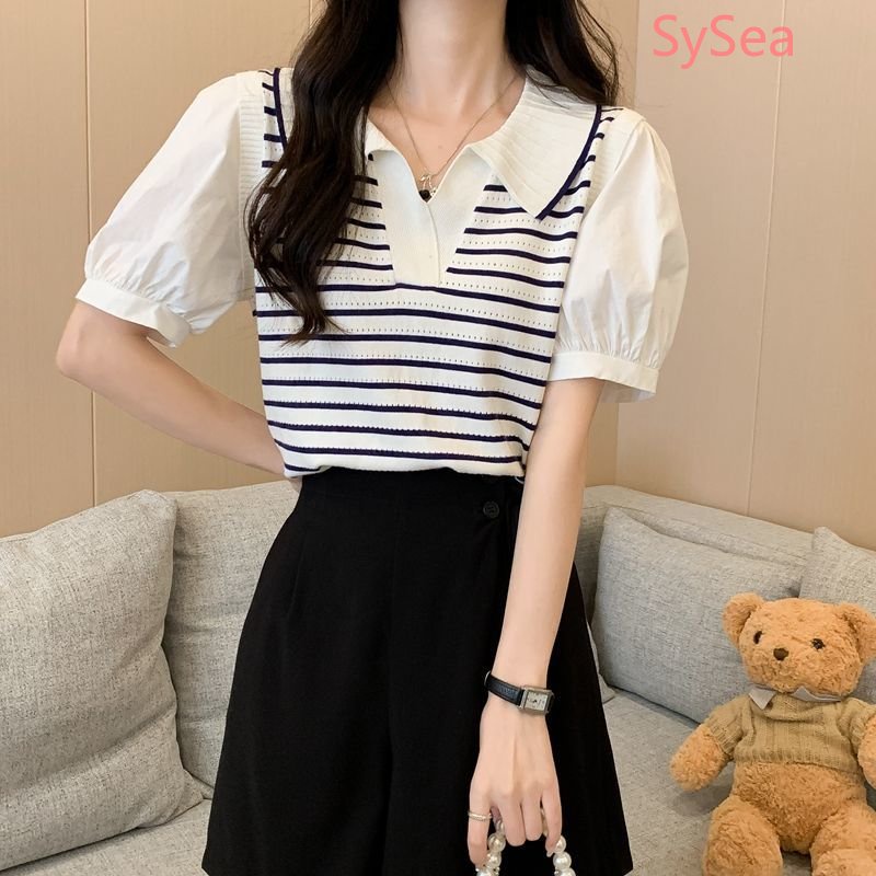 Áo Sơ Mi Dệt Kim Tay Phồng Họa Tiết Kẻ Sọc Thời Trang Mùa Hè Cho Nữ