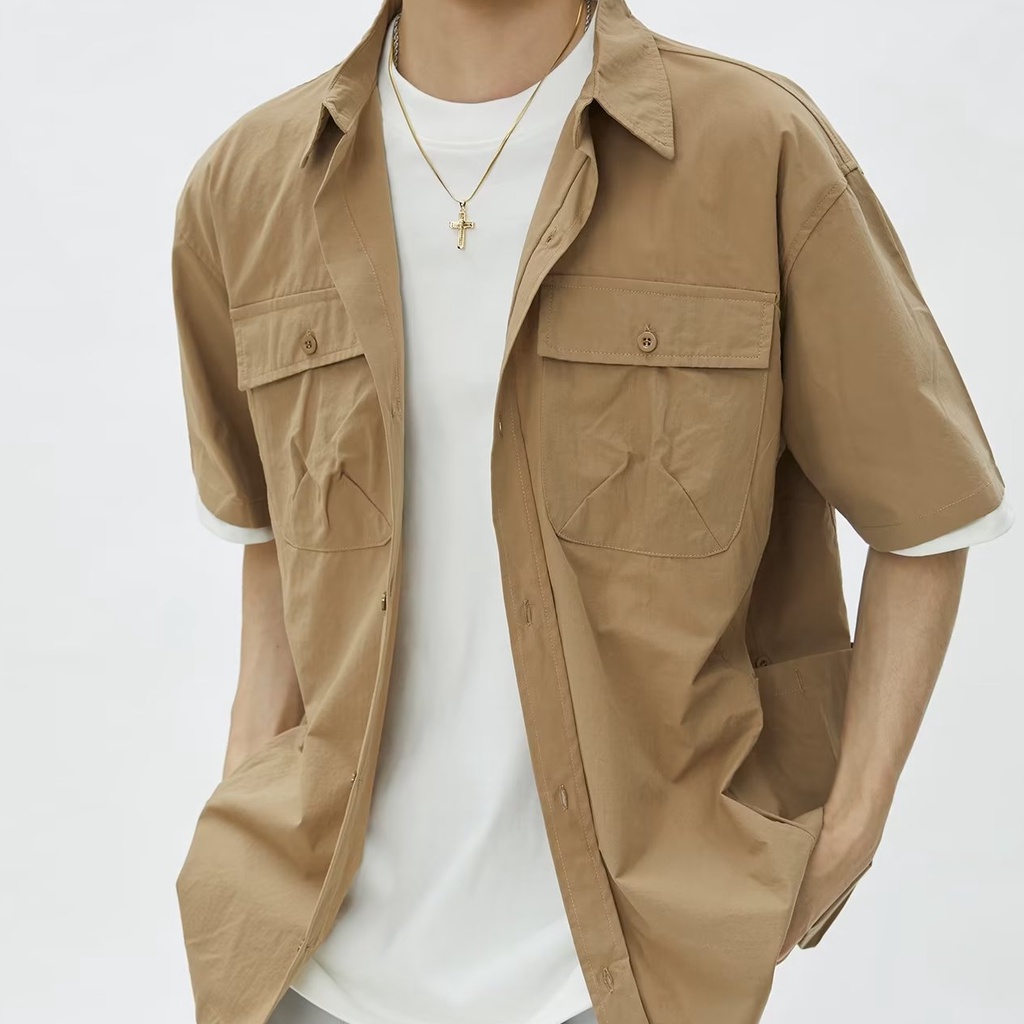 Áo Sơ Mi Ngắn Tay Dáng Rộng Phối Túi Lớn Thời Trang Mùa Hè Nhật Bản Dành Cho Nam