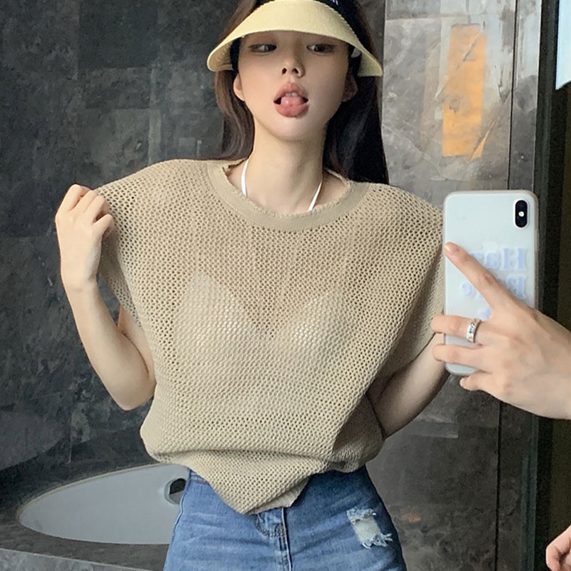 Áo Thun Tay Ngắn Cổ Tròn Thiết Kế Khoét Lỗ Đơn Giản Thời Trang Hàn Quốc Mới Cho Nữ