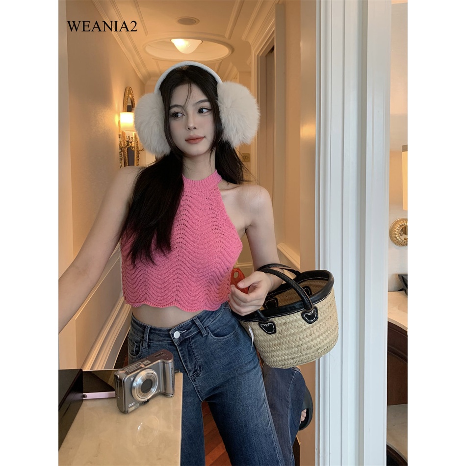 Weania-2 Áo Croptop Dệt Kim Khoét Lỗ Thời Trang Mùa Hè Cho Nữ