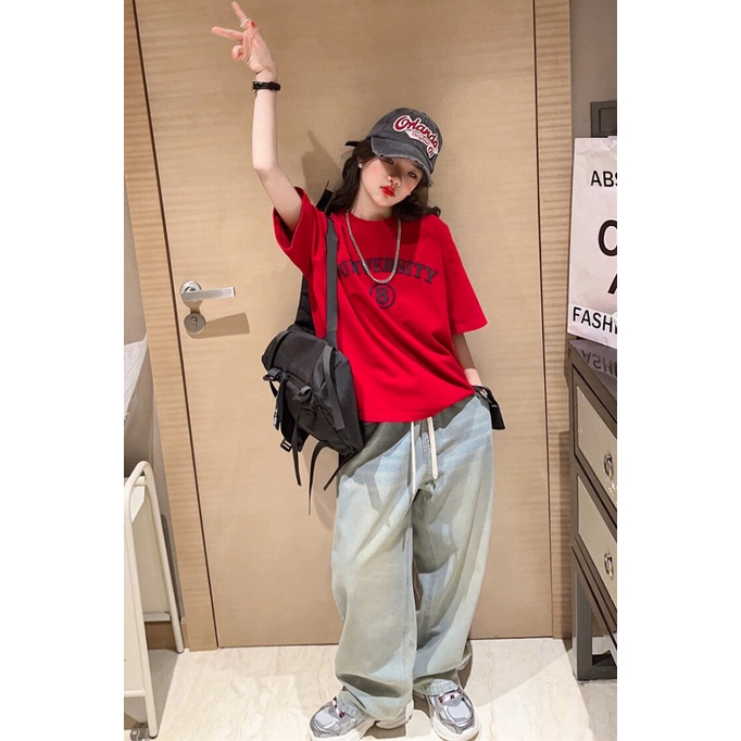 Set Áo Thun Ngắn Tay Và Quần Jeans Ống Rộng Phong Cách Phương Tây Thời Trang Mùa Hè Mới Cho Bé Gái