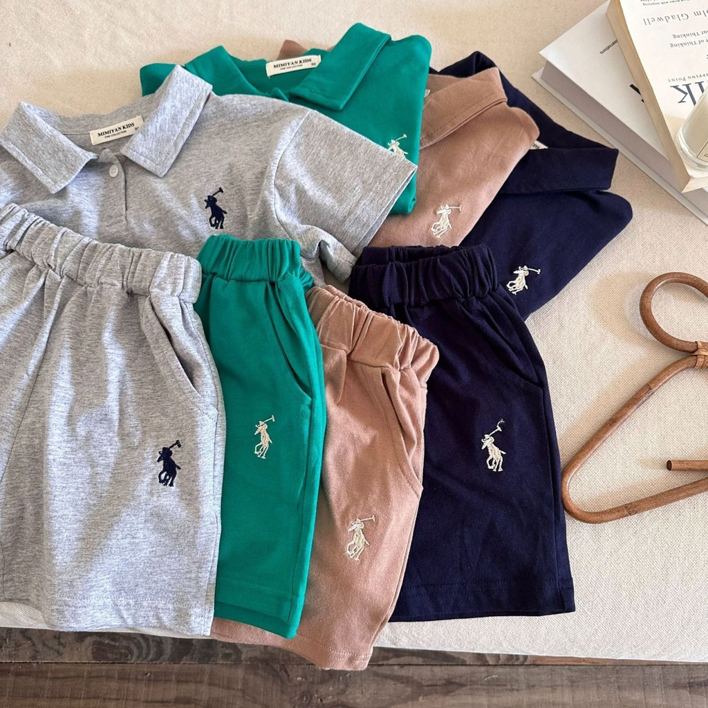 Bộ Áo Thun polo Ngắn Tay Thêu Họa Tiết + Quần short Thời Trang Mùa Hè Cho Bé