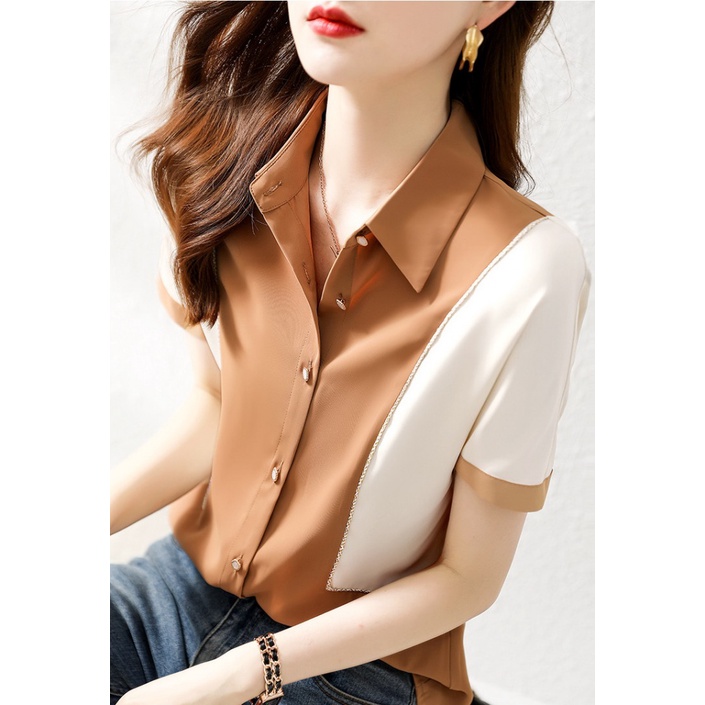 Áo Sơ Mi Ngắn Tay Phối Màu Tương Phản Thời Trang Cho Nữ