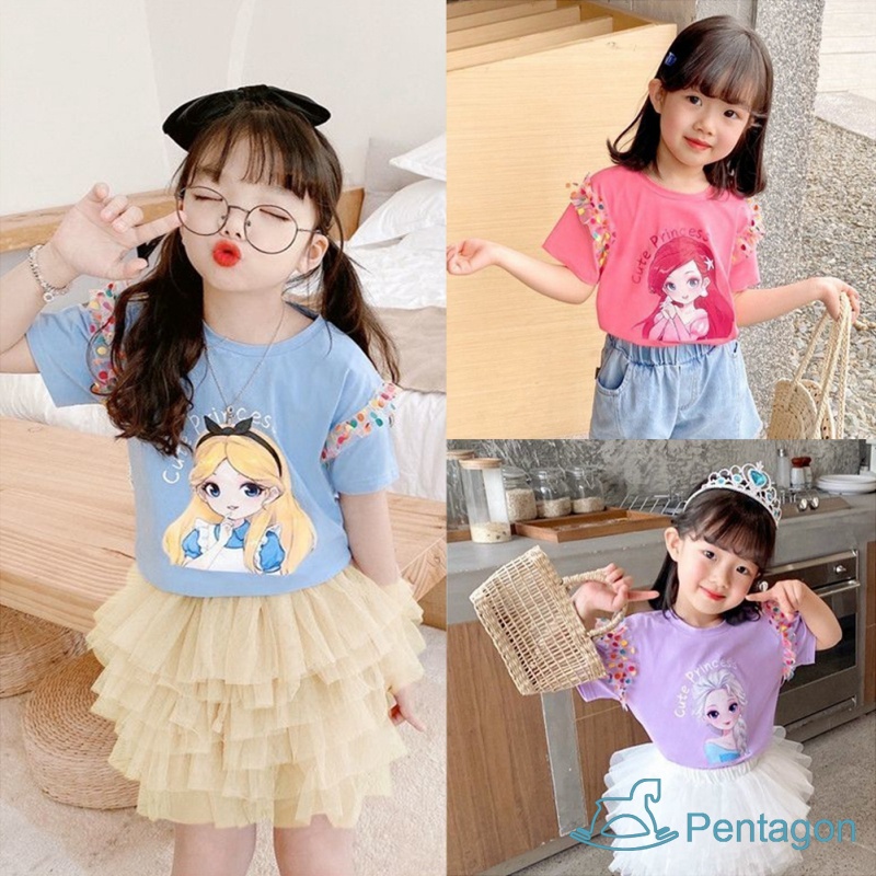 Đầm Thun Tay Ngắn Phối Lưới Chấm Bi Họa Tiết Hoạt Hình Dễ Thương Thời Trang Mùa Hè Cho Bé Gái