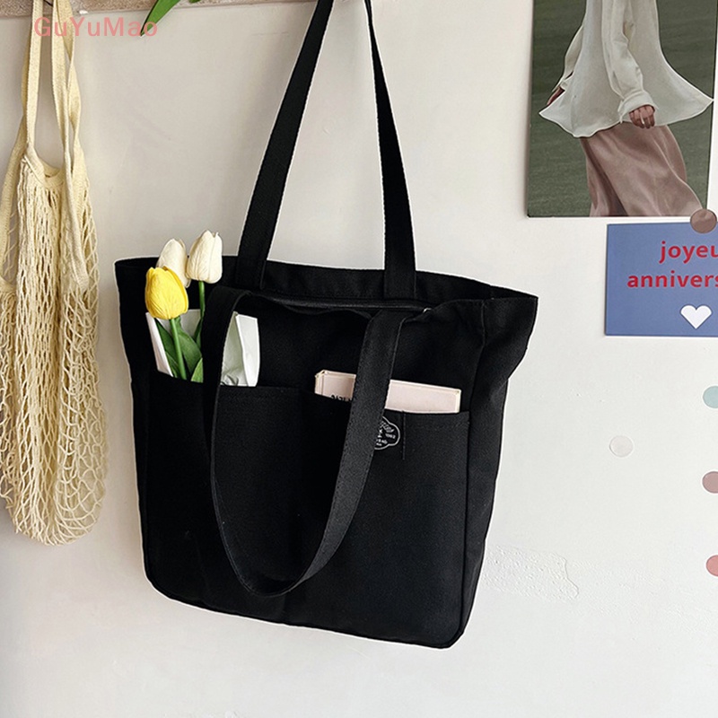 [cxGUYU] Túi Tote Xách Tay Đeo Vai Bằng Vải Bạt Cotton Sức Chứa Lớn Màu Trơn Tái Sử Dụng Được Cho Nữ PRTA