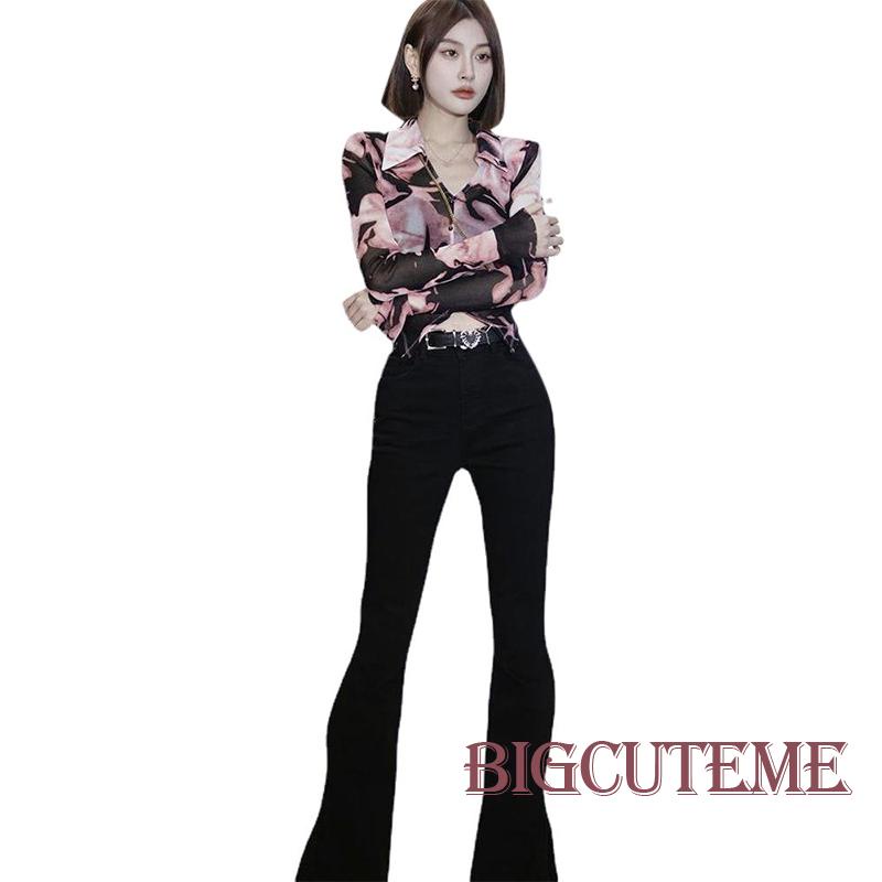 Áo Croptop Lưới Tay Dài Cổ Chữ V Màu Nhuộm Trang Trí Nút Giả Kiểu Đường Phố Cho Bạn Gái