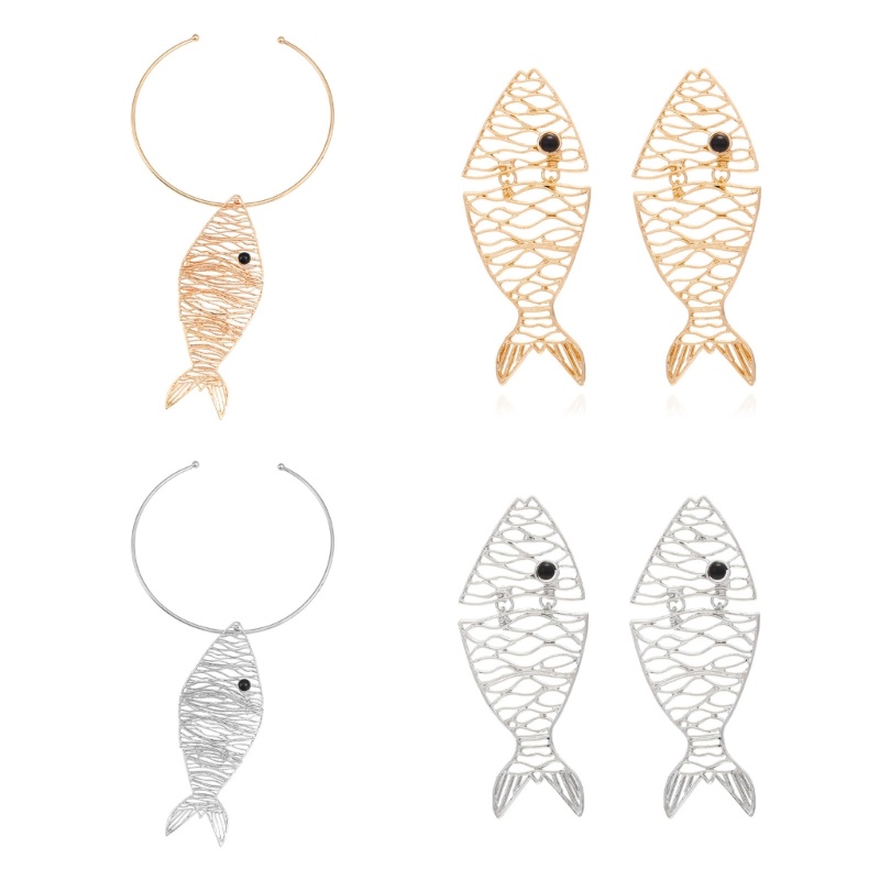 Bộ Trang Sức Vòng cổ / Bông Tai Hình Cá Đính Đá Sang Trọng Cho Nữ