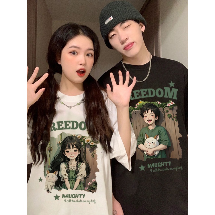 Áo phông unisex trắng đen couple form rộng tay ngắn cổ tròn cho cặp đôi nam nữ